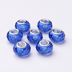 Azul Royal Granos europeos cristal hechos a mano, abalorios de grande agujero, núcleo de latón en color plata, azul real, 14x8 mm, agujero: 5 mm