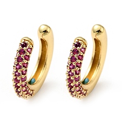 Deep Pink Cubic Zirconia C-Shaped Cuff Earrings, Gold Plated Brass Jewelry for Non-pierced Ears, Cadmium Free & Lead Free, Deep Pink, 14x15x3mm