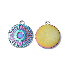 Rainbow Color Ion Plating(IP) 304 Stainless Steel Pendant Cabochon Settings, Flat Round with Sun Charm, Rainbow Color, Tray: 4mm, 18.5x16.5x1.8mm, Hole: 1.6mm