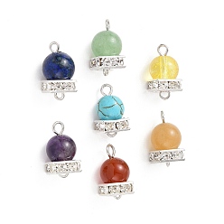 Mixed Stone 7Pcs 7 Style Chakra Mixed Gemstone Connector Charms, Round Links, with Brass Crystal Rhinestone Spacer Beads, 16x8x8mm, Hole: 1.8mm, 1pc/style