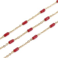 Red Ion Plating(IP) 304 Stainless Steel Cable Chains, with Enamel Oval Beads, Soldered, with Spool, Flat Oval, Golden, Red, 5x2.5mm, Link: 2x1.6x0.3mm, about 32.8 Feet(10m)/roll