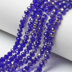 Dark Blue Electroplate Transparent Glass Beads Strands, Half Rainbow Plated, Faceted, Rondelle, Dark Blue, 4x3mm, Hole: 0.4mm, about 123~127pcs/strand, 16.5~16.9 inch(42~43cm)