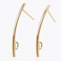 Real 18K Gold Plated Brass Stud Earring Findings, with Loop, Real 18K Gold Plated, 30x1.5mm, Hole: 2.5mm, Pin: 0.7mm