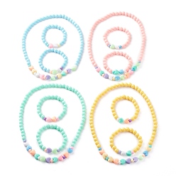 Mixed Color Stretch Kids Beaded Necklace & Bracelet Jewelry Sets, with Round & Heart Opaque Acrylic Beads, Mixed Color, 18.11 inch(46cm), Inner Diameter: 45mm
