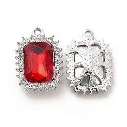Roja Colgantes de cristal de aleación, colgante de rectángulo de diamantes de imitación de cristal, Platino, rojo, 23.5x16.5x6.5 mm, agujero: 2 mm