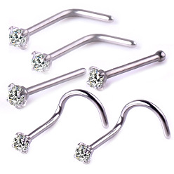 Stainless Steel Color 6Pcs 6 Style Clear Cubic Zirconia Nose Studs, 316 Surgical Stainless Steel Fishtail & L-shape & Nose Bone Rings, Nose Piercing Jewelry for Women, Stainless Steel Color, 7~8mm, Pin: 0.8mm, 1Pc/style