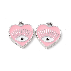 Pink Alloy Enamel Pendants, Platinum, Heart with Eye Charm, Pink, 14.5x13x1.5mm, Hole: 1.6mm