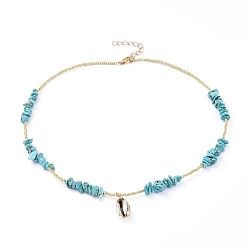 Synthetic Turquoise Beaded Necklaces, with Synthetic Turquoise Chips, Glass Seed Beads, Cowrie Shell Charms and Brass Lobster Claw Clasps, 17.83 inch(45.3cm)