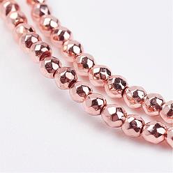 Rose Gold Plated Non-magnetic Synthetic Hematite Bead Strands, Faceted, Round, Rose Gold Plated, 2mm, Hole: 0.5mm, about 190~200pcs/strand, 14.9  inch~15.6 inch