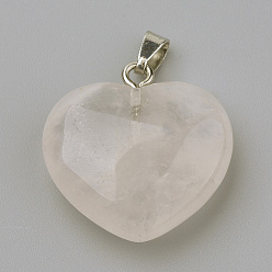 Quartz Rose Naturel a augmenté pendentifs en quartz, avec les accessoires en alliage, cœur, platine, 27~29x28x11mm, Trou: 3.5x5mm