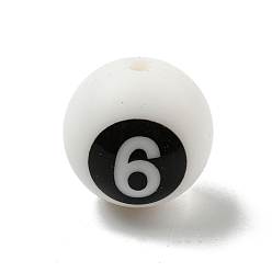 Blanc Rond avec chiffre noir 6 perles en silicone, perles à mâcher pour les jouets de dentition, Diy soins infirmiers colliers faisant, blanc, 14.5~15x14.5mm, Trou: 2mm