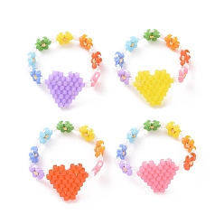 Mixed Color Glass Seed Beaded Finger Rings, Heart, Mixed Color, US Size 6 1/2, Inner Diameter: 16.9mm