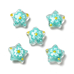 Turquoise Handmade Lampwork Beads, Star with Flower Pattern, Turquoise, 12~12.5x12.5~13x6~6.5mm, Hole: 0.9~1mm