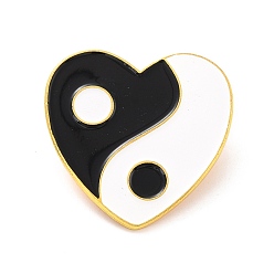 Черный Эмалированная булавка в виде сердца с рисунком Инь Ян, Эмалированная брошь Lucky Alloy для рюкзака с одеждой, золотые, чёрные, 29x30x10.5 мм, штифты : 1 мм