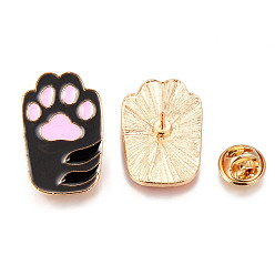 Black Alloy Enamel Brooches, Enamel Pin, with Brass Butterfly Clutches, Cat Paw Prints, Light Gold, Cadmium Free & Nickel Free & Lead Free, Black, 29.5x19.5x2mm, Pin: 1mm