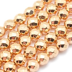 Light Gold Plated Electroplate Non-magnetic Synthetic Hematite Beads Strands, Grade AAA, Long-Lasting Plated, Faceted, Round, Light Gold Plated, 4mm, Hole: 1mm, about 97pcs/strand, 15 inch
