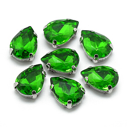 Verde Cose en el rhinestone, Enlaces multifilares, diamantes de imitación de cristal, con 201 ajustes de dientes de acero inoxidable, accesorios de prendas de vestir, facetados, lágrima, verde, 14x10x6 mm, agujero: 0.8~1 mm