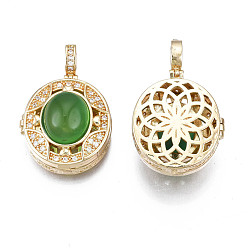 Real 18K Gold Plated Brass Micro Pave Clear Cubic Zirconia Locket Pendants, with Green Glass Imitation Cat Eye, Hollow Oval, Real 18K Gold Plated, 31x20x12mm, Hole: 2.5mm