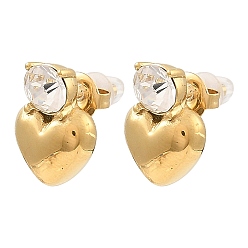 Clear Glass Heart Stud Earrings, Real 18K Gold Plated 304 Stainless Steel Earrings, Clear, 16x16mm