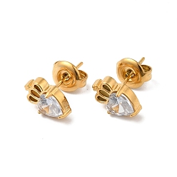 Crystal Rhinestone Heart with Crown Stud Earrings, Real 14K Gold Plated 304 Stainless Steel Jewelry for Women, Crystal, 9.5x6.5mm, Pin: 0.8mm