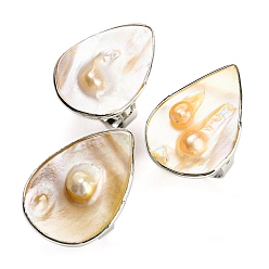 Teardrop Coquille d'eau douce avec bagues réglables en perles pour filles et femmes, anneaux en laiton platine, larme, 4mm, diamètre intérieur: 18 mm, larme: 30~34x20~24 mm