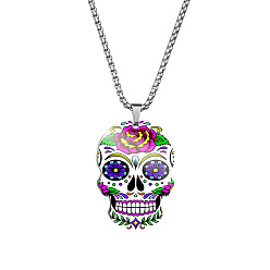 Indigo Stainless Steel Skull with Flower Pendant Necklaces, Halloween Jewelry for Women, Indigo, 23.62 inch(60cm)