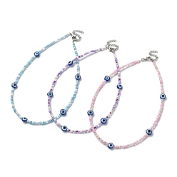 Mixed Color 3Pcs 3 Color Resin Evil Eye & Glass Beaded Necklaces Set, Mixed Color, 14.17~14.37 inch(36~36.5cm), 1Pc/color