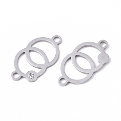 Stainless Steel Color 201 Stainless Steel Links Connectors, with Crystal Rhinestone, Laser Cut, Ring with Ring, Stainless Steel Color, 20x10x1mm, Hole: 1.8mm