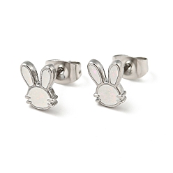White Enamel Rabbit Stud Earrings with 316 Surgical Stainless Steel Pins, Stainless Steel Color Plated 304 Stainless Steel Jewelry for Women, White, 8.5x6.5mm, Pin: 0.8mm