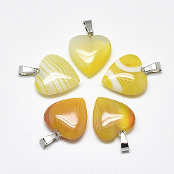 Yellow Natural Banded Agate/Striped Agate Pendants, Dyed, with Stainless Steel Snap On Bails, Heart, Stainless Steel Color, Yellow, 22~24x20~21x5~7mm, Hole: 3~4x7~8.5mm