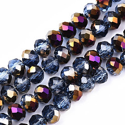 Cornflower Blue Electroplate Transparent Glass Beads Strands, Half Purple Plated, Faceted Rondelle, Cornflower Blue, 6x5mm, Hole: 1mm, about 92~94pcs/strand, 17~17.5 inch(42.5~43.75cm)