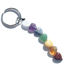 Heart 7 Chakra Gemstone Keychains, with Platinum Tone Alloy Key Rings, Heart Pattern, 10cm
