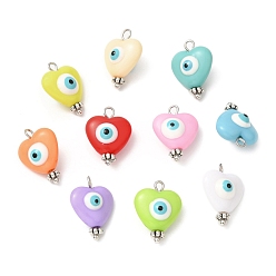 Platinum Evil Eye Resin Pendants, Heart Charms with Brass Loops, Mixed Color, Platinum, 19x13.8x9mm, Hole: 2mm