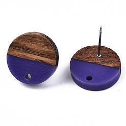 Slate Blue Opaque Resin & Walnut Wood Stud Earring Findings, with 304 Stainless Steel Pin, Flat Round, Slate Blue, 15mm, Hole: 1.8mm, Pin: 0.7mm