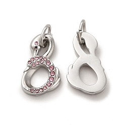 Light Rose 304 Stainless Steel Pendants, with Rhinestone and Jump Rings, Swan, Stainless Steel Color, Light Rose, 19.5x11.5x3mm, Hole: 6x3mm