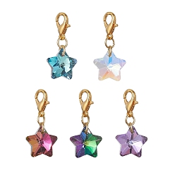 Golden Electroplate Glass Star Pendant Decoration, with Zinc Alloy Lobster Claw Clasps, Golden, 27.5mm