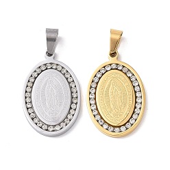 Mixed Color 304 Stainless Steel Crystal Rhinestone Flat Oval with Virgin Mary Holy Pendants, Lady of Guadalupe Charms, Mixed Color, 34x22x3mm, Hole: 4.5x9mm