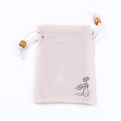 Antique White Burlap Packing Pouches, Drawstring Bags, with Wood Beads, Antique White, 14.6~14.8x10.2~10.3cm