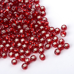 Rouge Foncé Perles de verre mgb matsuno, perles de rocaille japonais, 12/0 argent perles de verre doublé rocailles de trous ronds de semences, rouge foncé, 2x1mm, trou: 0.5 mm, environ 900 pcs / boîte, poids net: environ 10 g / boîte