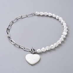 Stainless Steel Color Pendant Necklaces, with Plastic Imitation Pearl Beads, 304 Stainless Steel Paperclip Chains and Toggle Clasps, Heart, Stainless Steel Color, 15.94 inch(40.5cm)