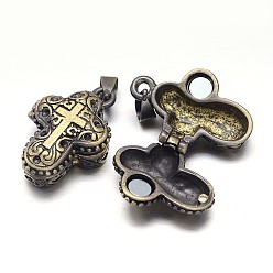 Antique Bronze Carved Cross Rack Plating Brass Prayer Box Pendants, Wish Box, with Magnetic Material, Nickel Free, Antique Bronze, 27x18x10mm, Hole: 5x3mm