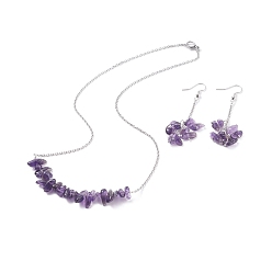 Amethyst Natural Amethyst Chips Beaded Jewelry Set, Gemstone Pendant Necklace & Cluster Dangle Earrings with 304 Stainless Steel Cable Chains for Women, Stainless Steel Color, 60mm, Pin: 0.6mm,19.29 inch(49cm)