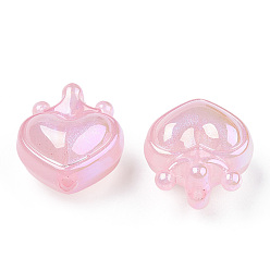 Pink UV Plating Rainbow Iridescent Acrylic Beads, with Glitter Powder, Heart with Crown, Pink, 24.5x21.5x14mm, Hole: 3mm