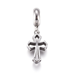 Antique Silver 304 Stainless Steel European Dangle Charms, Large Hole Pendants, Cross, Antique Silver, 10mm, Cross: 16x9x3mm, Hole: 5mm