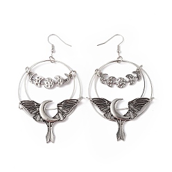 Antique Silver Bat with Moon Phase Alloy Dangle Earrings, Iron Halloween Jewelry for Women, Antique Silver, 90mm, Pin: 0.6mm