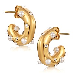 Golden Shell Pearl C-shape Stud Earrings with Clear Cubic Zirconia, 430 Stainless Steel Half Hoop Earrings for Women, Golden, 19x6mm