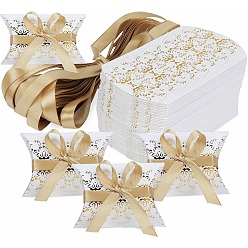 Gold Paper Pillow Candy Boxes, Gift Boxes, with Ribbon, for Wedding Favors Baby Shower Birthday Party Supplies, Gold, Box: 9x6.5x2.5cm, 50pcs/set