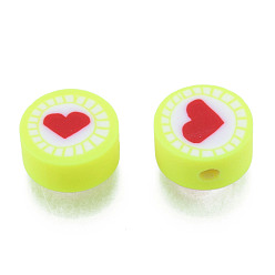 Champagne Yellow Handmade Polymer Clay Beads, Flat Round with Heart, Champagne Yellow, 9.5~10x4.5~5mm, Hole: 1.6mm