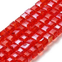 Red Electroplate Glass Beads Strands, AB Color Plated, Faceted, Cube, Red, 4x4x4mm, Hole: 1mm, about 100pcs/strand, 17 inch