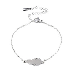 Stainless Steel Color 201 Stainless Steel Link Bracelets, with Lobster Claw Clasps, Feather, Stainless Steel Color, 6-3/4 inch~6-7/8 inch(17.2~17.4cm)